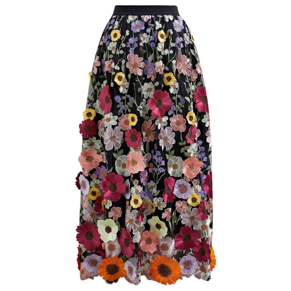 Women 3D Floral Applique Embroidery Maxi Skirt Elastic High Waist A-Line Garden Party Mesh Tulle Skirt