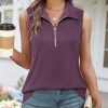 Womens Ribbed Tank Top Zipper V Neck Dressy Casual Blouses Sleeveless Camisole Tops Work Tank Polo Shirts