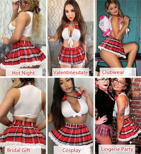 Lingerie Set for Women Sexy Lace Two Piece Lingerie Outfits with Tie Top and Mini Pleated Skirt Set