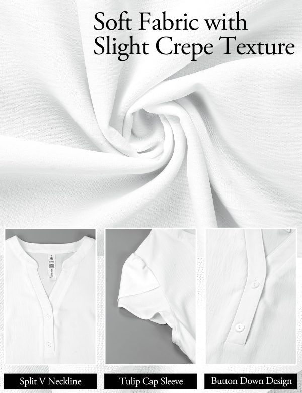 Women's Dressy Casual Tops Business Work Blouses White Button Down Shirts Cap Sleeve V Neck Tshirt