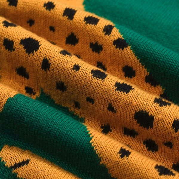 Women's Knitted Vest Skirt Sets, 1960s Mod Style Retro Leopard Green Tank Yellow Straight Skirt 2 Piece Sets Summer