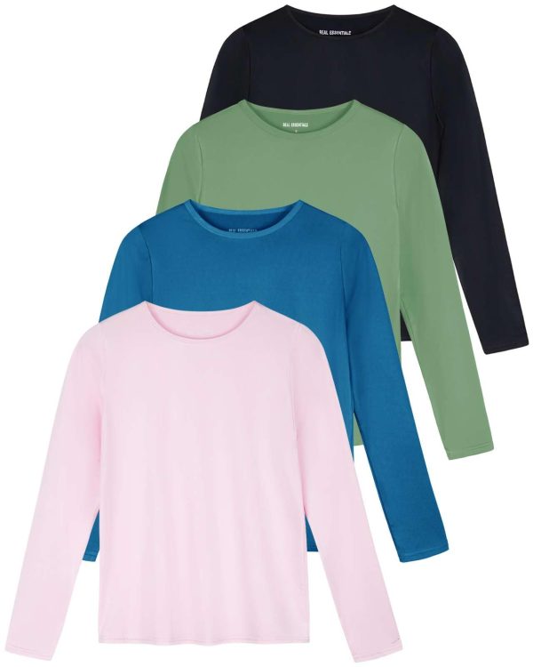 4 Pack: Women's Dry-Fit Tech Stretch Long-Sleeve Athletic Workout T-Shirt (Available in Plus Size)