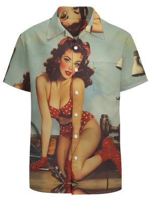 Vintage Sexy Pin-up Fix-it-Women Hawaiian Button Down Shirt Men Casual Short Sleeve Summer Tee Tops