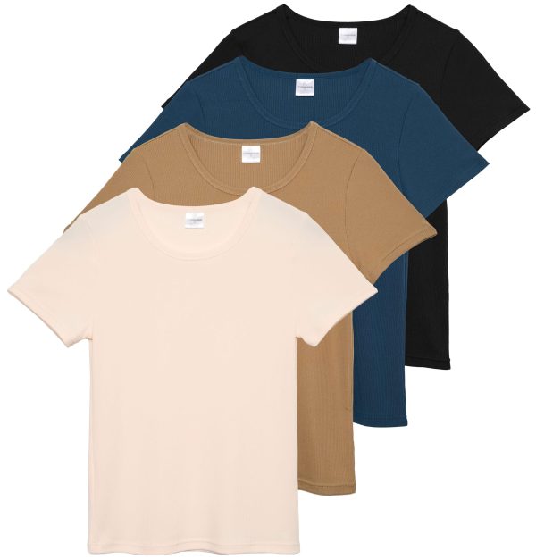 4 Pack: Women's Ribbed Knit Short Sleeve Crew Neck T-Shirt (Available in Plus)