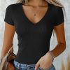 3 Pack Women's Short Sleeve Cotton T-Shirts V Neck Ribbed Slim Fit Tops Ladies' Casual Summer Basic Tee
