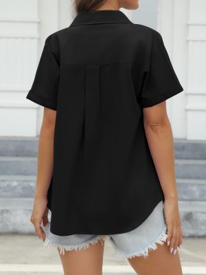 100% Cotton Short Sleeve Shirts for Women Button Down Shirt Womens Blouses Casual Summer Tops with Pockets