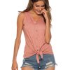 Women's Tie Knot Button Down Shirts Sleeveless Casual Blouse Curved Hemline Tops S-XXL