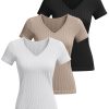 3 Pack Women's Short Sleeve Cotton T-Shirts V Neck Ribbed Slim Fit Tops Ladies' Casual Summer Basic Tee