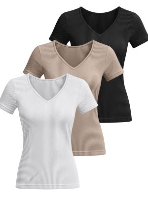 3 Pack Women's Short Sleeve Cotton T-Shirts V Neck Ribbed Slim Fit Tops Ladies' Casual Summer Basic Tee