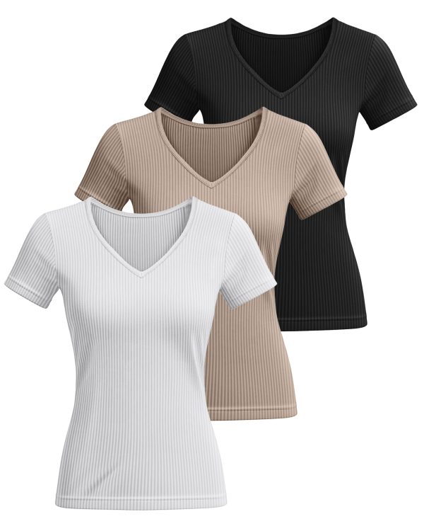 3 Pack Women's Short Sleeve Cotton T-Shirts V Neck Ribbed Slim Fit Tops Ladies' Casual Summer Basic Tee