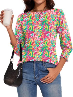 3/4 Length Sleeve Womens Tops Summer 2025 Fashion Trendy Boat Crew Neck Smocked Work Dressy Casual T Shirt Blouses