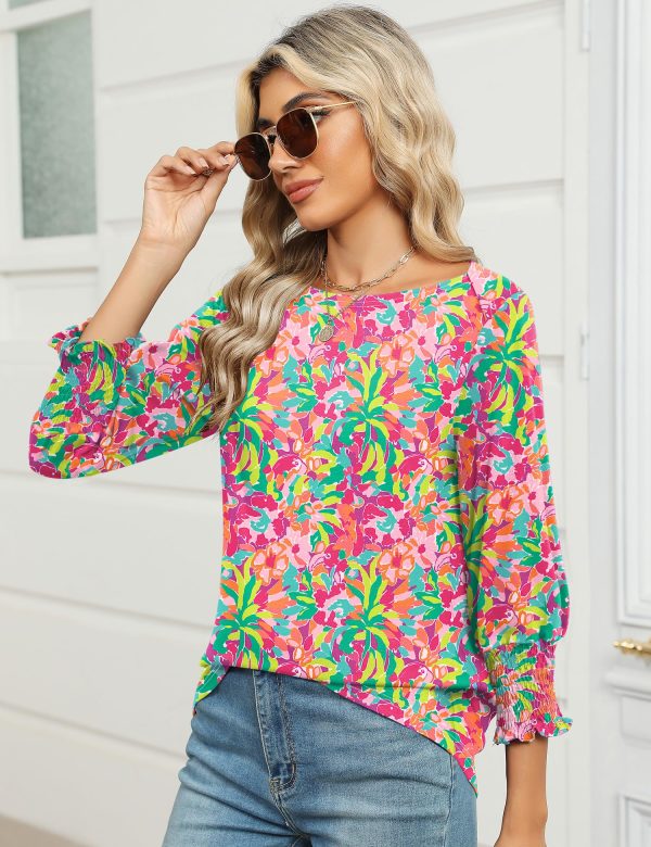 3/4 Length Sleeve Womens Tops Summer 2025 Fashion Trendy Boat Crew Neck Smocked Work Dressy Casual T Shirt Blouses