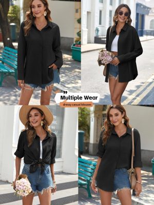 Womens Button Down Shirts Long Sleeve Cotton Gauze Tops Casual Collared Blouses Loose Fit