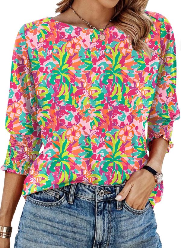 3/4 Length Sleeve Womens Tops Summer 2025 Fashion Trendy Boat Crew Neck Smocked Work Dressy Casual T Shirt Blouses