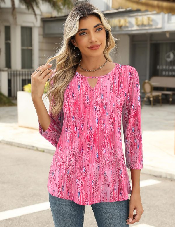 3/4 Length Sleeve Womens Tops Keyhole Crewneck Shirts Business Dressy Casual Tunic Blouses Summer Basic Tees