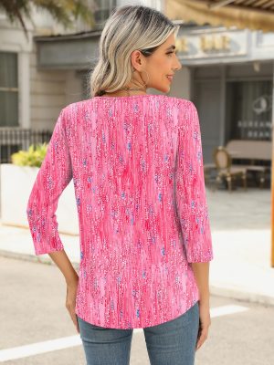 3/4 Length Sleeve Womens Tops Keyhole Crewneck Shirts Business Dressy Casual Tunic Blouses Summer Basic Tees