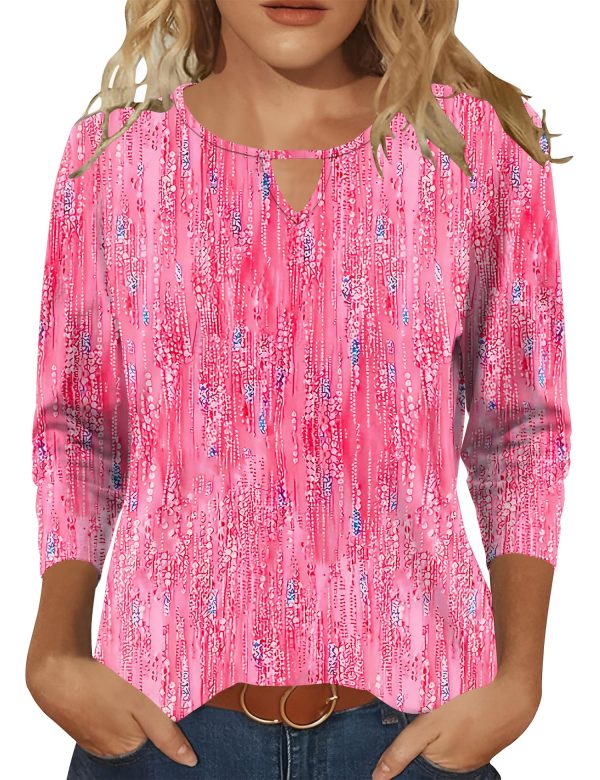 3/4 Length Sleeve Womens Tops Keyhole Crewneck Shirts Business Dressy Casual Tunic Blouses Summer Basic Tees