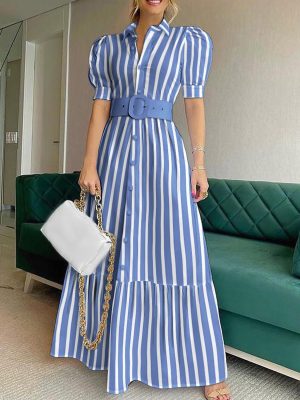 Women's Striped Button Down Shirt Dress Puff Short Sleeve Ruffle Hem Flowy Maxi Long Dress with Belt