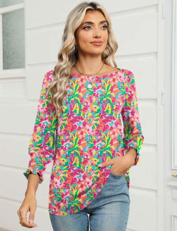 3/4 Length Sleeve Womens Tops Summer 2025 Fashion Trendy Boat Crew Neck Smocked Work Dressy Casual T Shirt Blouses