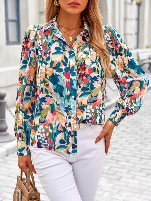 Women's Floral Blouses Dressy Casual V Neck Button Down Shirts Lantern Long Sleeve Boho Chiffon Spring Tops 2025