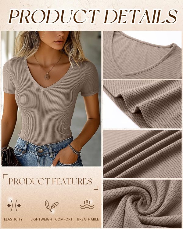 3 Pack Women's Short Sleeve Cotton T-Shirts V Neck Ribbed Slim Fit Tops Ladies' Casual Summer Basic Tee